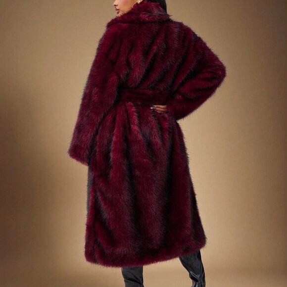Burgundy Casual Women's Long Fluffy Faux Fur Coat - Picture 2 of 8